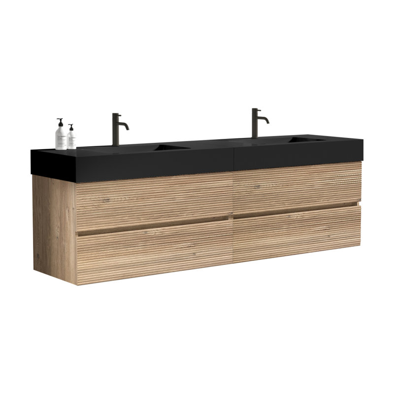 Meuble-lavabo 72 po avec lavabo en quartz noir mat Grace, 71.77"