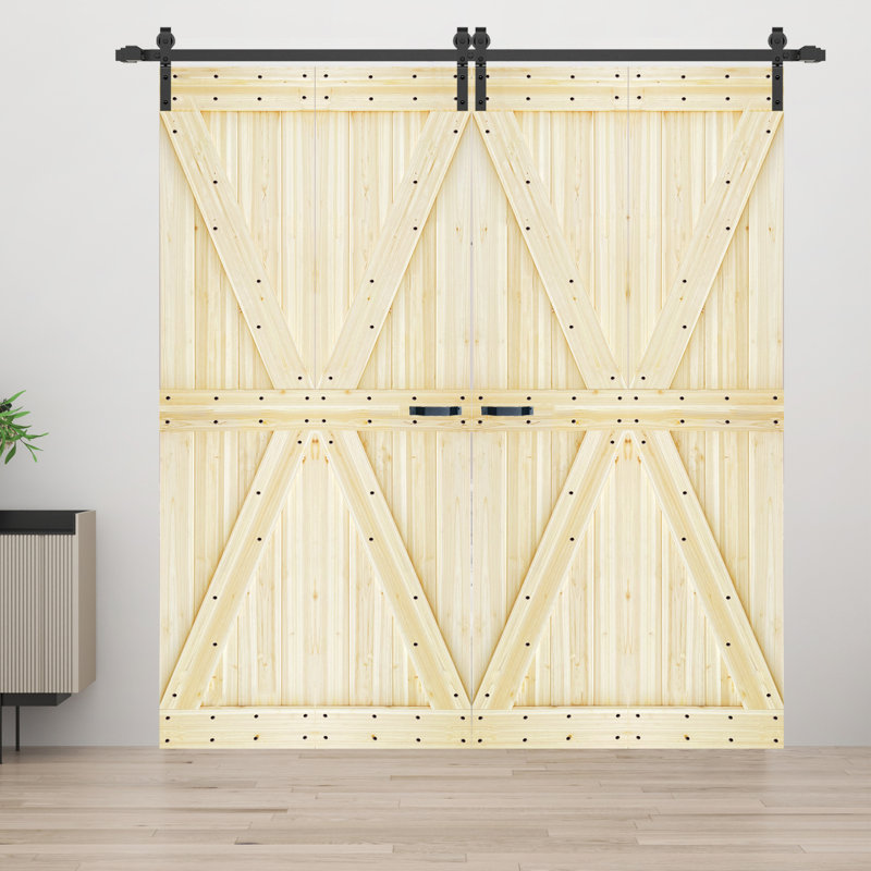 Porte de grange double pliante en bois massif de style K avec ensemble de quincaillerie - Assemblage requis, Non fini