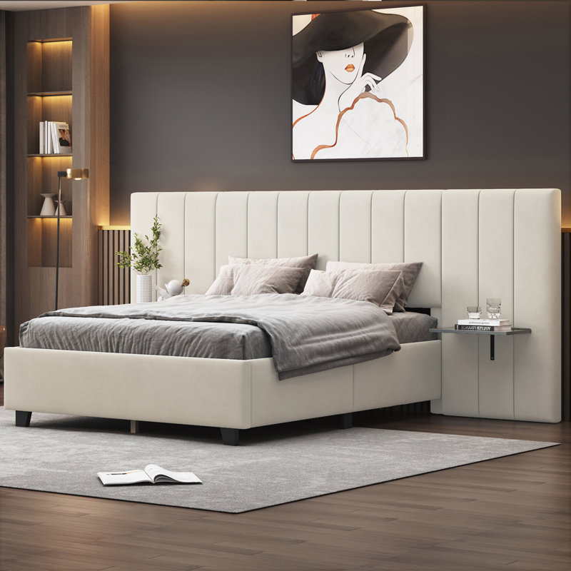 Upholstered Panel Headboard Bed With 2 Shelves, Full, Beige