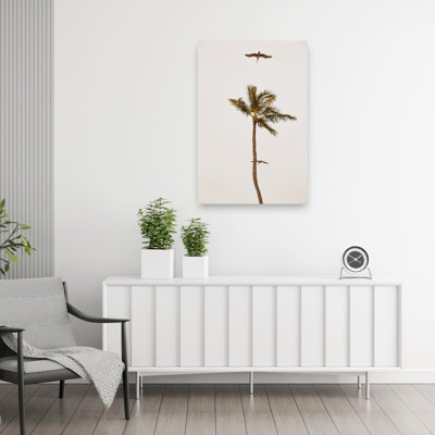 Palm Tree Pelican Flight Minimalist Serene Abstract Palm Tree Bird Pelican Nature Tropical Wall Art Print 1 Piece Wrapped Canvas Wall Art