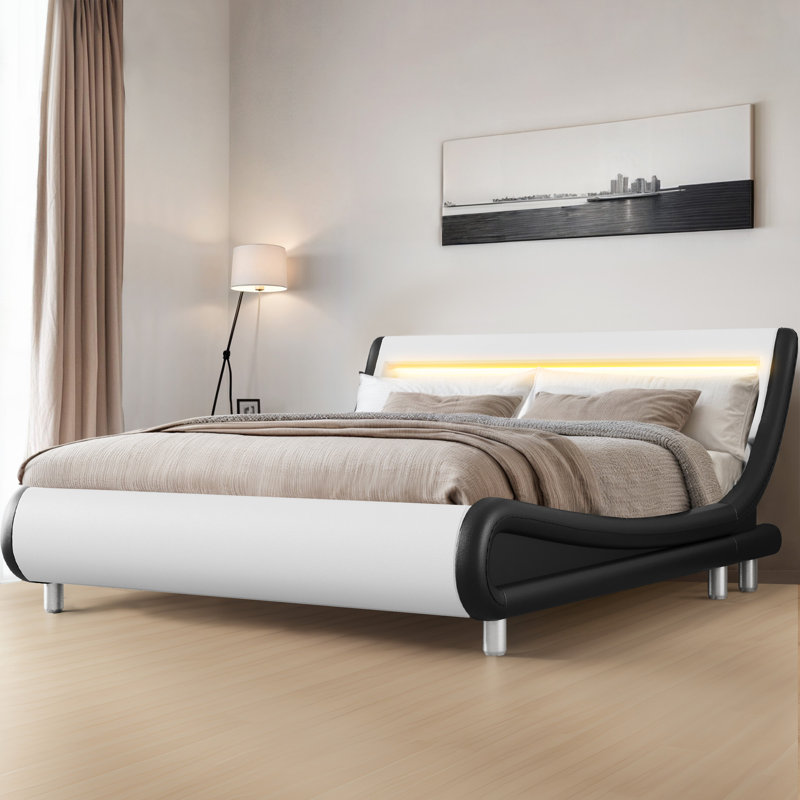 Lit plateforme tapissier, Grand lit, Blanc / noir
