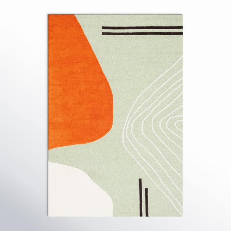 Tapis vert / orange / brun / ivoire en laine fabriqué à la main Arabelle, Rectangle 6 pi x 9 pi