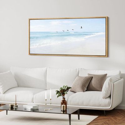 Coastal Beach " Serene Beachscape Tranquil Ocean View With Flying Birds Rustic Retro Art Decor Extra Large Pictures "