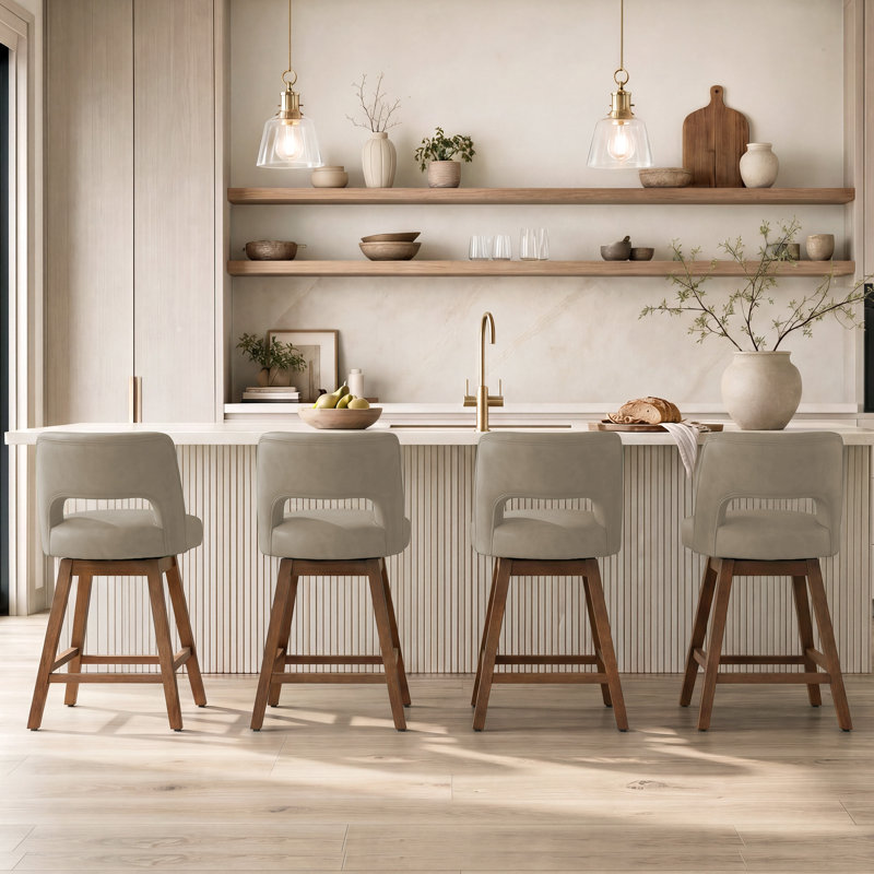Tabouret de bar pivotant en similicuir Bisto, Similicuir taupe, Finition noyer