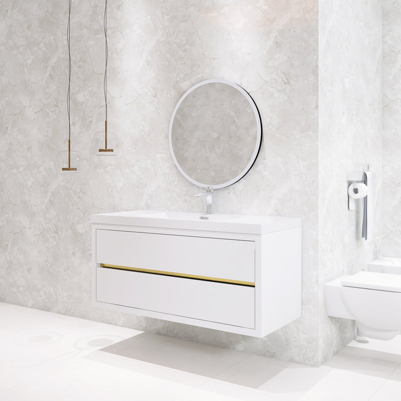 Ensemble de meuble-lavabo simple mural moderne 48 po avec lavabo en résine, Blanc lustré, 48"