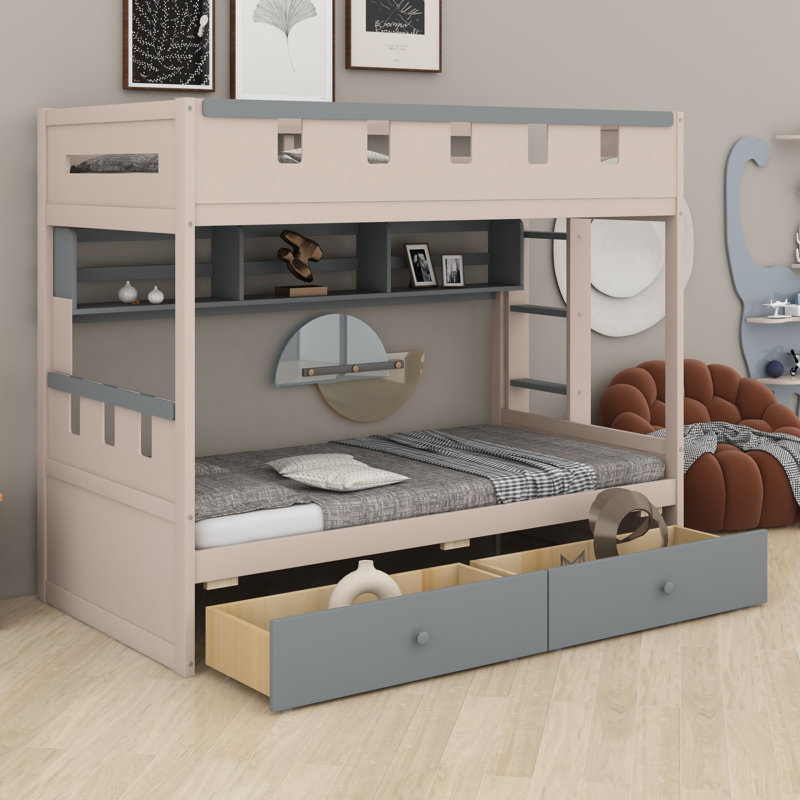 Lit superposé de style château avec 2 tiroirs sous le lit, tablette et DEL, Lit simple, Gris