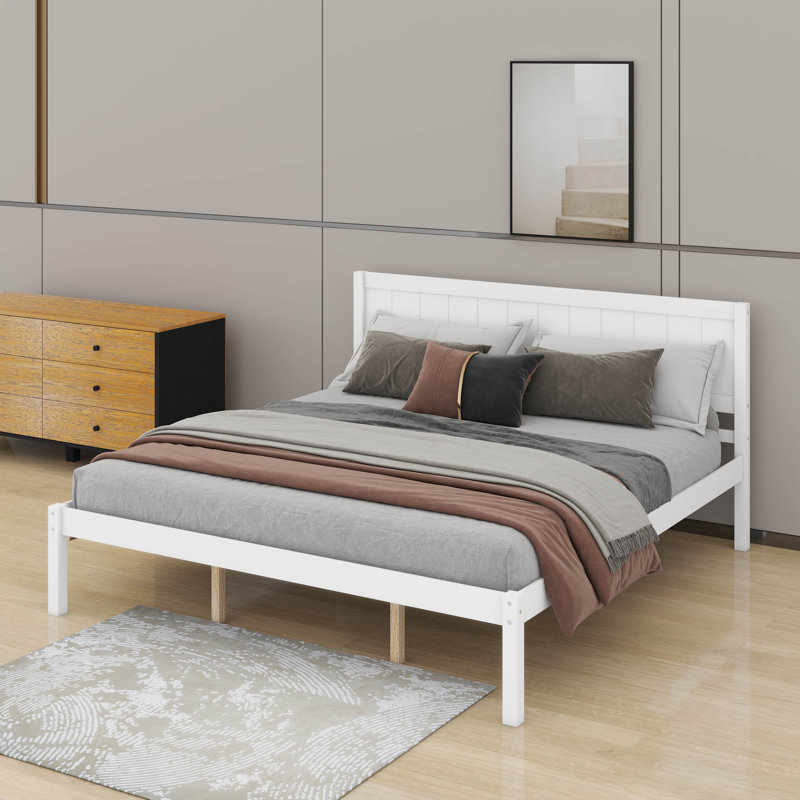 Structure de lit en bois avec tête de lit, structure de lit plateforme en bois avec support à lattes, White