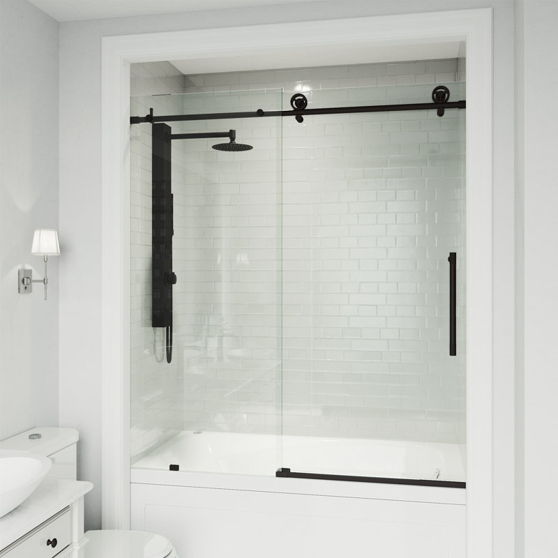 Cass 56-60" W x 66" H Sliding Frameless Tub Door with 3/8" Clear Glass, Matte Black