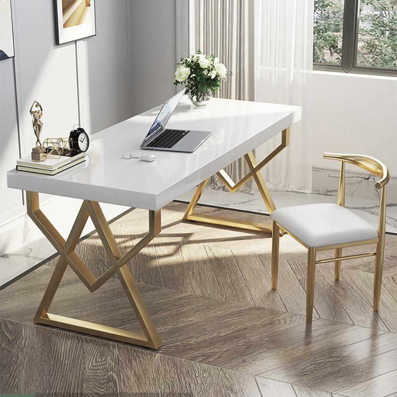 40" Modern White Rectangular Writing Desk With Gold Base