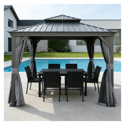 13'x13' Hardtop Gazebo with Galvanized Steel Double Roof, Outdoor Metal Pergola with Privacy Curtains & Netting for Patio and Backyard