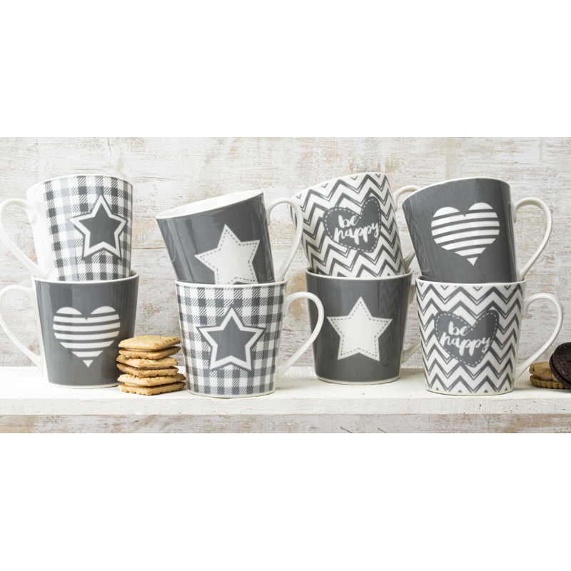 Bradberry Set of 8 Grey Star & Heart Mugs