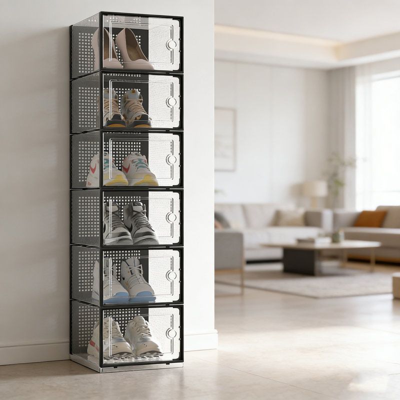 Stackable Clear Shoe Storage Box With Magnetic Closure, Black