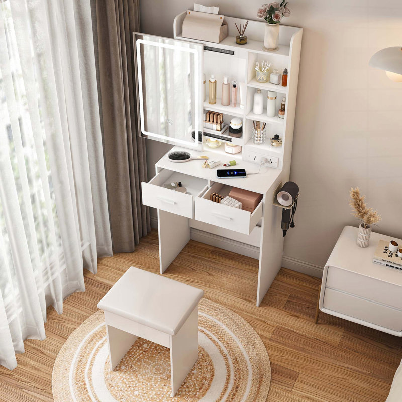 Petit bureau de coiffeuse avec lumières DEL, prise de courant et rangement dissimulé