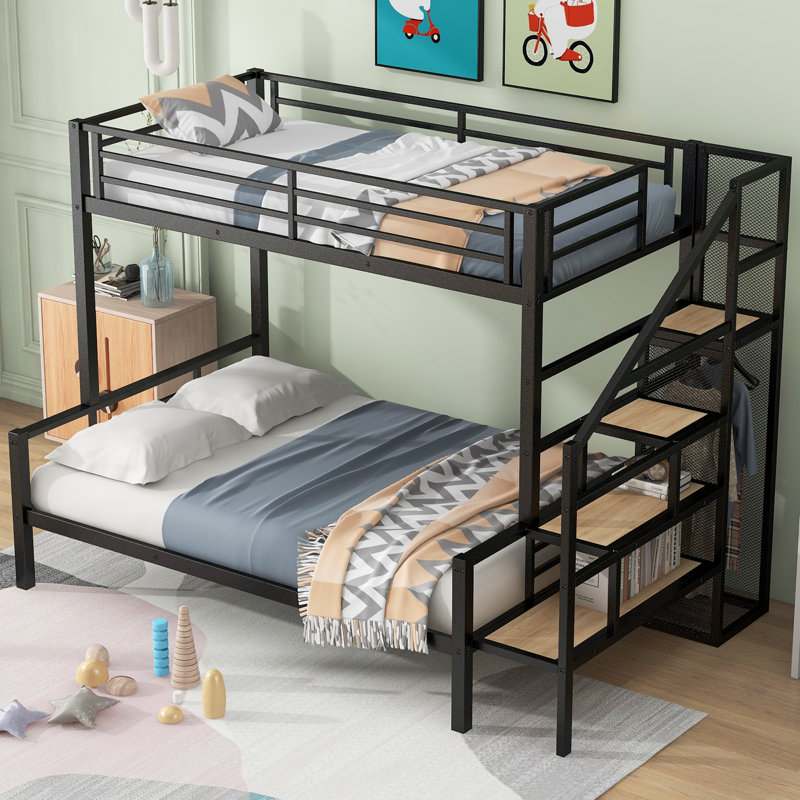 Twin over Full Size Metal Bunk Bed with Storage Staircase and Open Wardrobe,, Black
