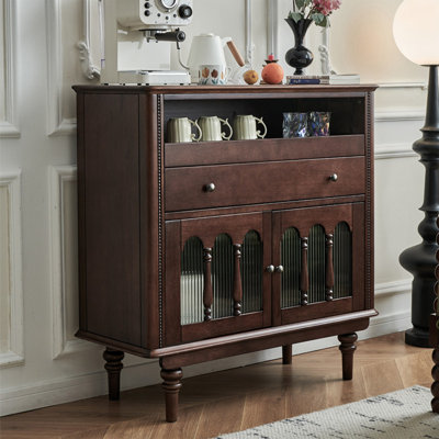 Buffet 38,58 "brun, armoire à thé au sol avec portes en verre et fabrication artisanale Tenon-and-Mortise, coffre de rangement bas à compartiments multiples