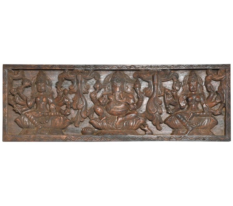 Lord Ganesha with Goddesses Riddhi & Siddhi – Hand-Carved Brass Hindu Statue for Home Altar