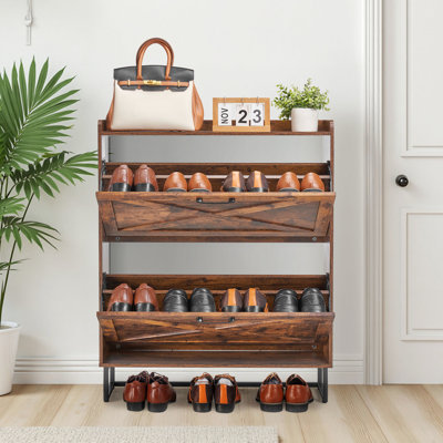 Range-chaussures brun, 2 tiroirs rabattables, pieds en métal, basculement, peu encombrant, idéal pour le vestibule, armoire à chaussures réglable, brun, design, chambre à coucher, talons tablettes, espadrilles et bottes