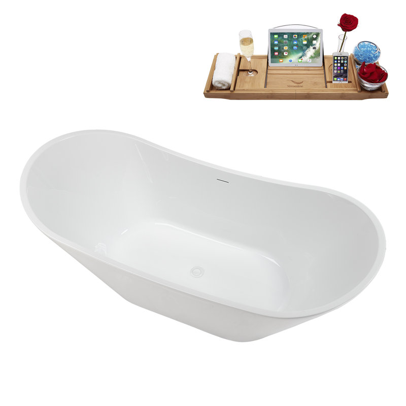 67" Streamline Soaking Freestanding Tub and Tray With Internal Drain, Glossy White