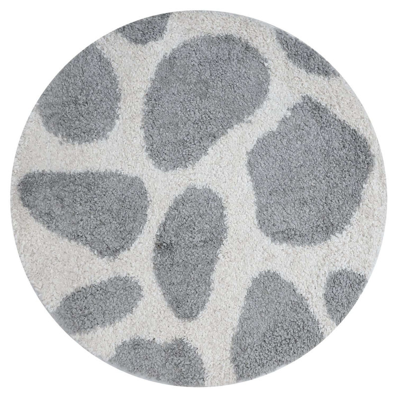 Moodi Modern Shaggy Area Rug Abstract Pebble Design, Round 120 cm, Off-White/Grey