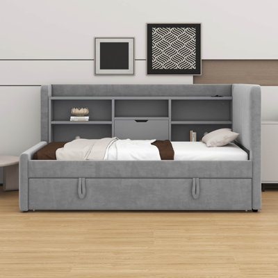 Twin Size Upholstered Daybed – Trundle, Storage Shelves, USB & Outlet Included by Mercer41