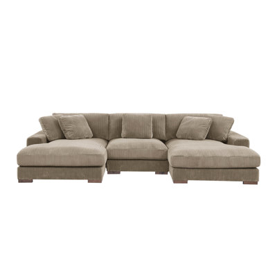 Double Chaise Sectional With Large Seating, Corduroy Material, 3 Seats, Camel Color, Toss Pillows For Added Cushion, Adjustable Support, Easy - To Install Upholstered Colored, Comfort Bringing,