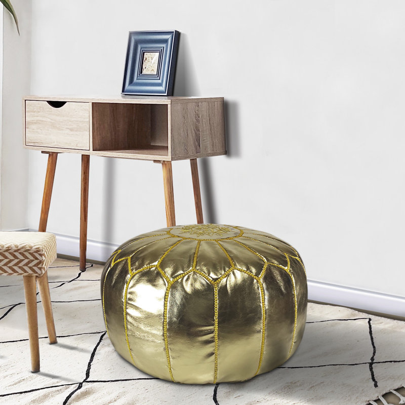 Leather Pouf, Gold Genuine Leather