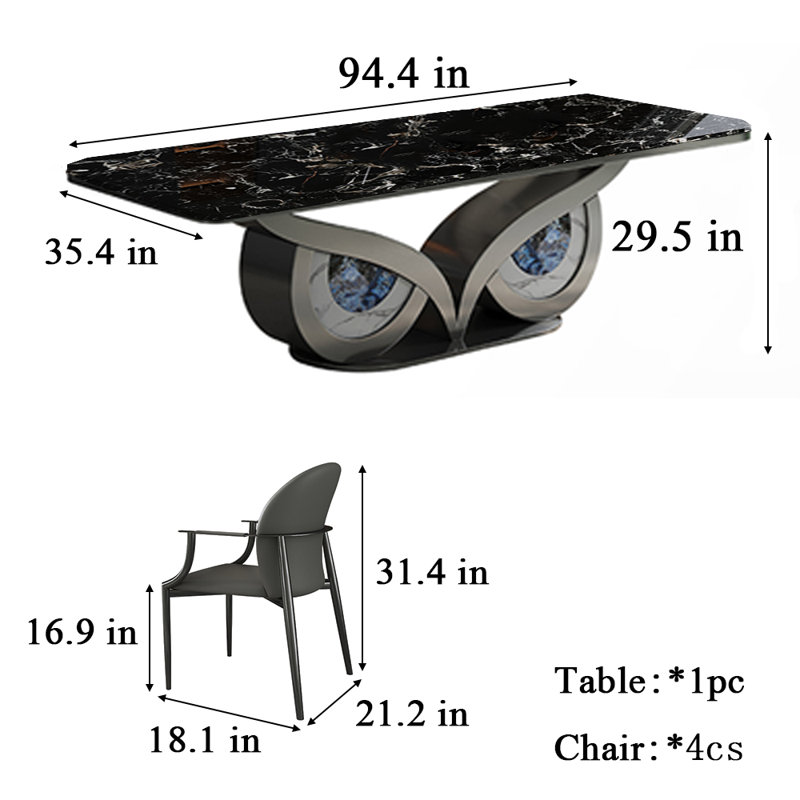 Modern Dining Table And Chairs 4 - Person Pedestal Dining Set, Black, 29.5"H x 94.4"L x 35.4"W