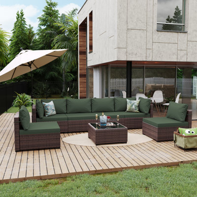 7-Piece Outdoor Rattan Seating Set with Cushions by Ebern Designs