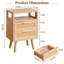 Tables de chevet modernes en rotin et bois avec 2 tiroirs et une tablette ouverte, ensemble de 2