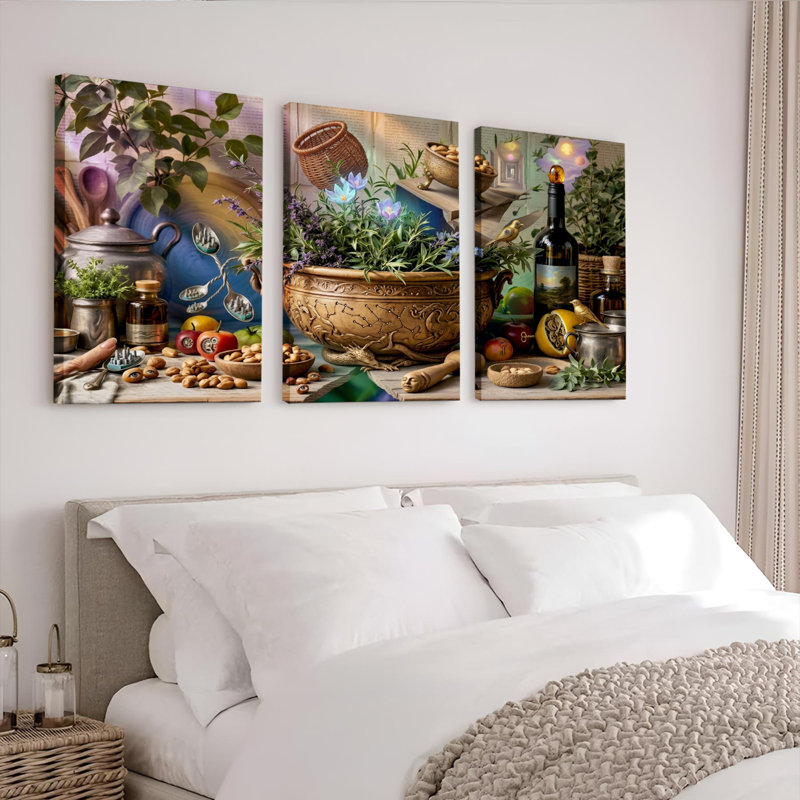 Ensemble de 3 tableaux sur toile tendue représentant un jardin d'herbes aromatiques, idéal pour la décoration de la cuisine et du salon.