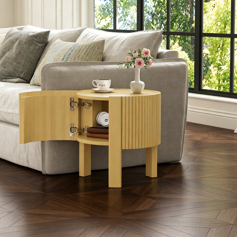 Table d'appoint ronde cannelée avec rangement pour le salon, bois d'hévéa massif, porte à fermeture en douceur, naturel, 19,6 po