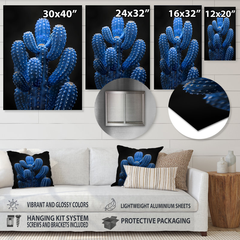 Cactus bleu clair et noir clair de lune - Cactus floral, Métal métal, H 20 po x l 12 po x P 1 po