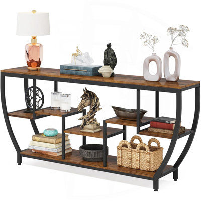 70.9” Industrial Console Sofa Table with 7-Tier Storage Shelves, Extra Long Entryway Table Behind Couch, Rustic Brown TV Stand for Living Room, Hallway, or Foyer – Metal Frame Accent Table