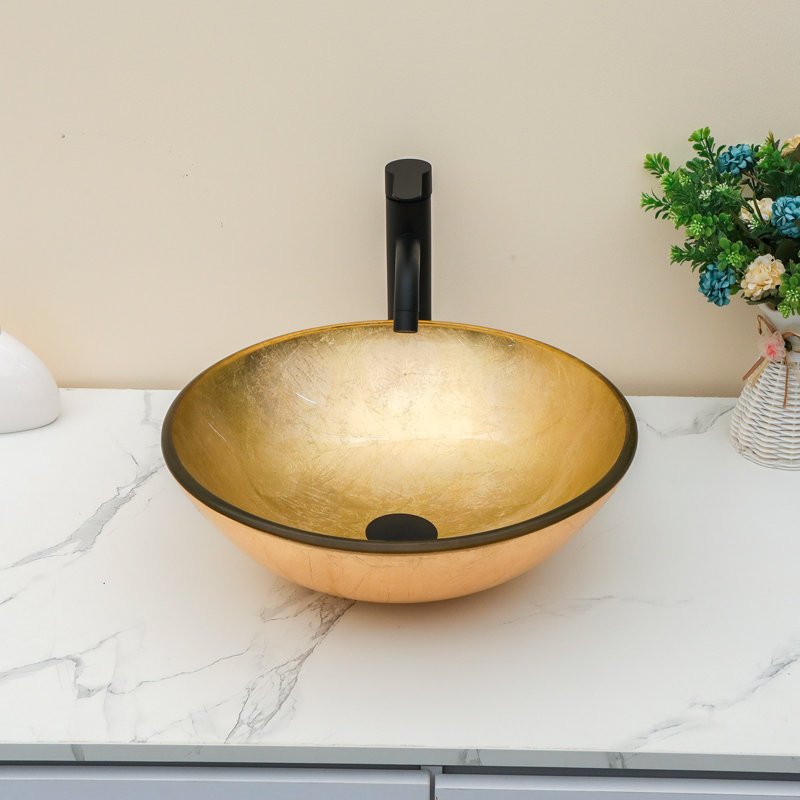 16.5" Circular Glass Bathroom Sink Vessel Sink with Pop-Up Drain and Faucet Combo, Gold
