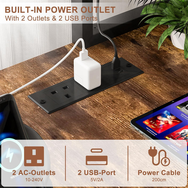L-Shaped Metal Base Computer Desk with Power Outlet