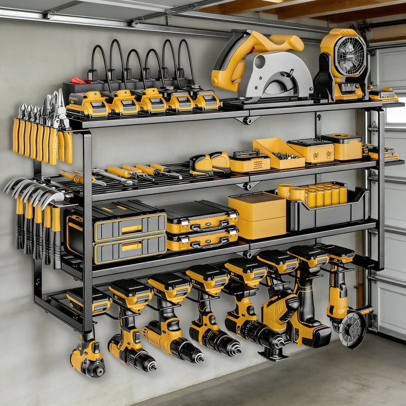 Organisateur mural pour outils électriques avec multiprise à 6 prises - 4 tablettes, 8 fentes pour outils, capacité de 200 lb