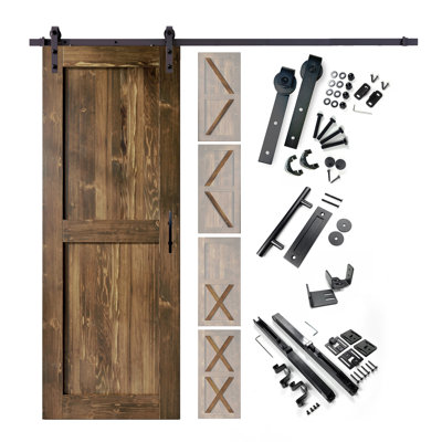 5-in-1 Design 80" Color Solid Pine Unassembled Door with Black Rustic Installation Hardware Kit