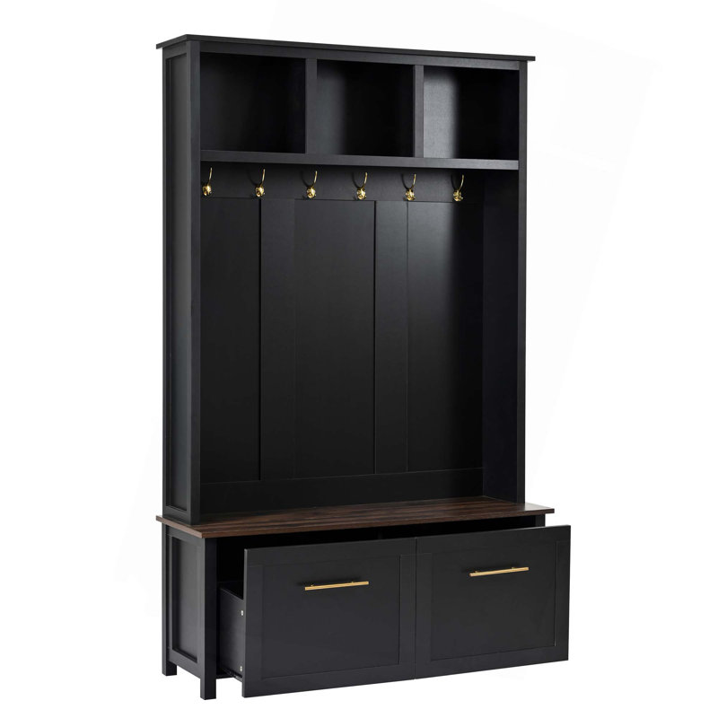 Versatile 4-In-1 Hall Tree With 6 Golden Hooks,Wood Grain Bench With Multiple Storage Space,Entryway Coat Rack With 2 Drawers For Living Room,Hallway