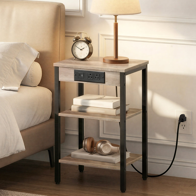 Table de bout haute 21,7 po avec station de charge et tablettes, Grège