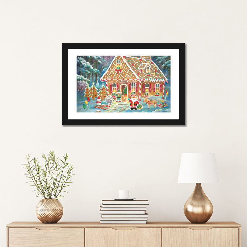 «Santa's Ginger Workshop» par Ruane Manning - reproduction d'art, H 24 po x l 16 po x P 1 po, Papier encadré noir, Blanc