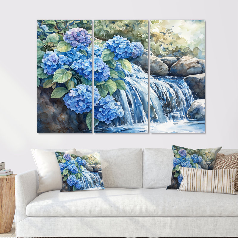 Hydrangées par la cascade II - art mural hydrangées - ensemble de 3, Toile tendue, H 28 po x l 36 po, Ne s’applique pas