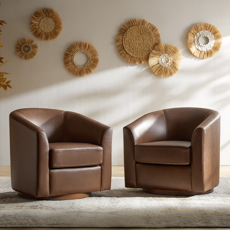 Amiir Modern 30.5'' Wide Genuine Leather Swivel Barrel Chair with Solid Wood Base (Set of 2), Brown 