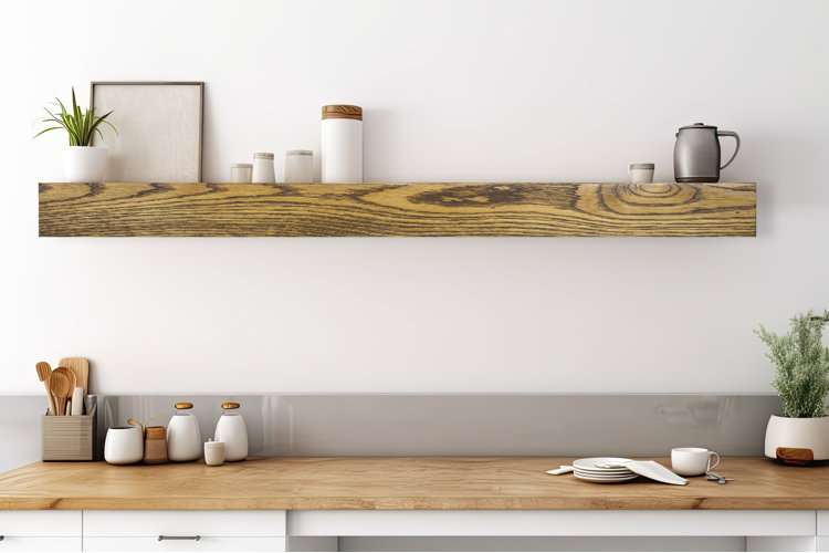 two large raw wood kitchen shelves filled with baking and cooking items