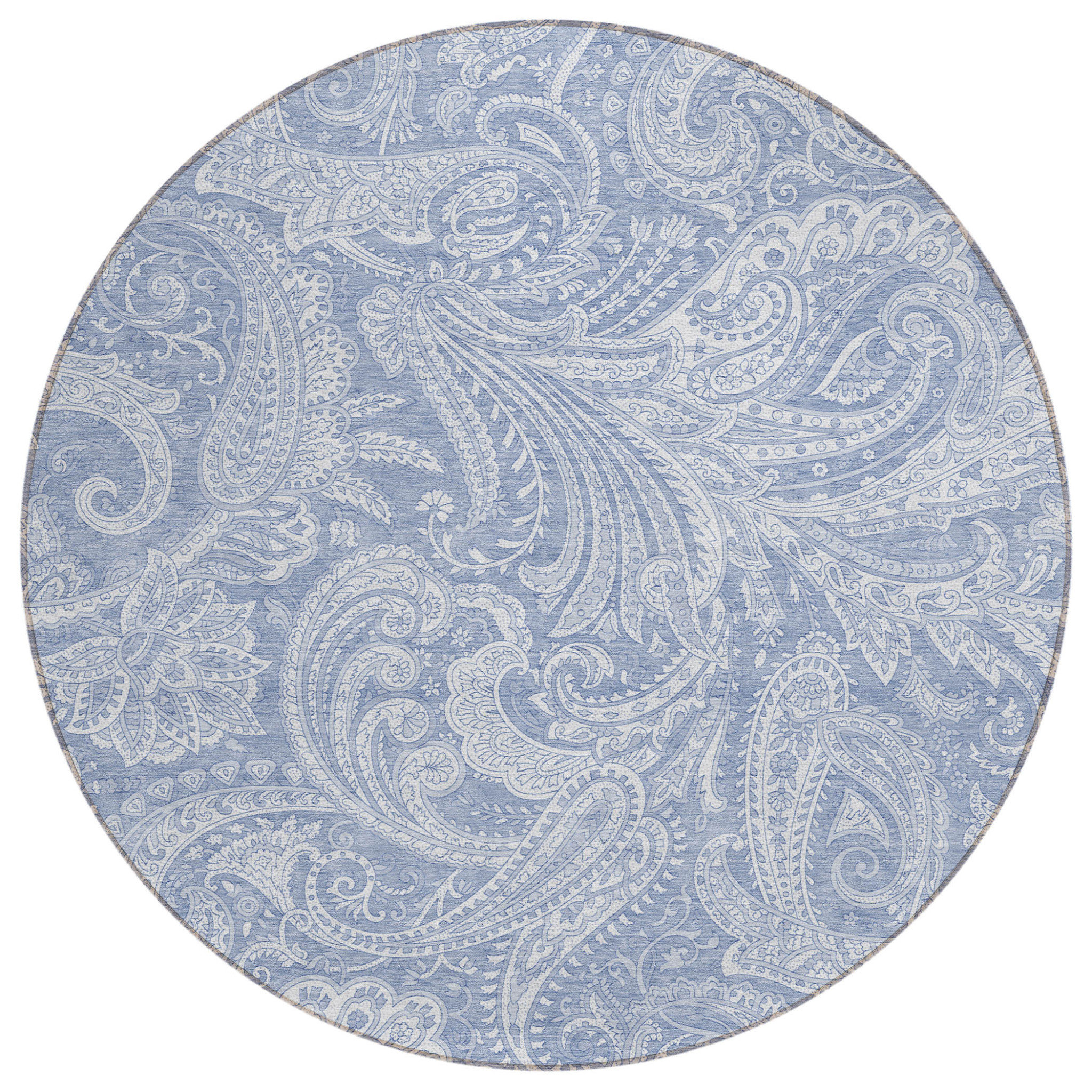 HomeRoots 8' Denim Blue Sky Blue And Ivory Round Paisley Washable ...