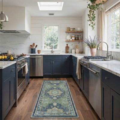 Roehit Oriental Performance Navy / Sage 2'5" x 8' Runner Rug, Machine Washable