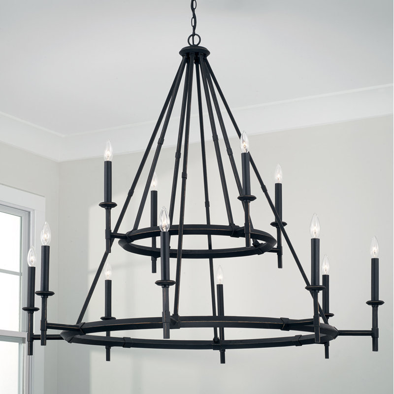 Elegant 12-Light Brushed Black Iron Oversized Chandelier