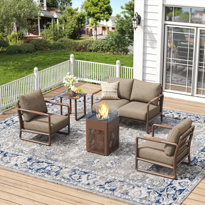 4-Seats Outdoor Aluminum Patio Conversation Set with 45,000 BTU Fire Pit Tablew/Glass Wind Guard, All-Weather, Perfect for Poolside, Balcony, or Garden