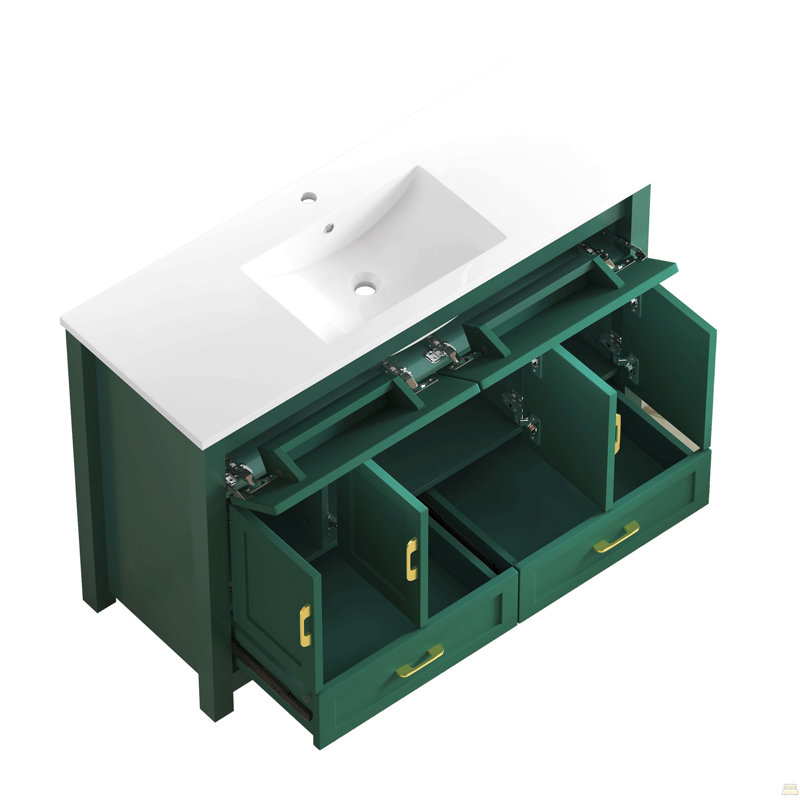 Ensemble de meuble-lavabo vert 48 po avec lavabo en résine, armoire de rangement abondante - 4 portes à fermeture douce et 4 tiroirs