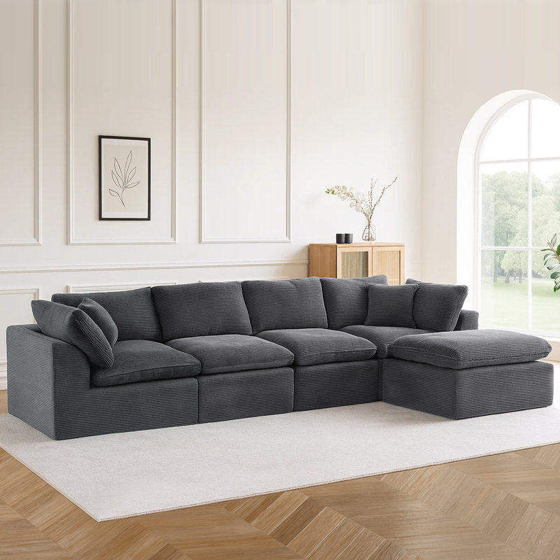 Canapé-lit modulaire en velours côtelé 5 pièces, H 26,4 po x l 177,2 po x P 77,2 po, Velours côtelé gris