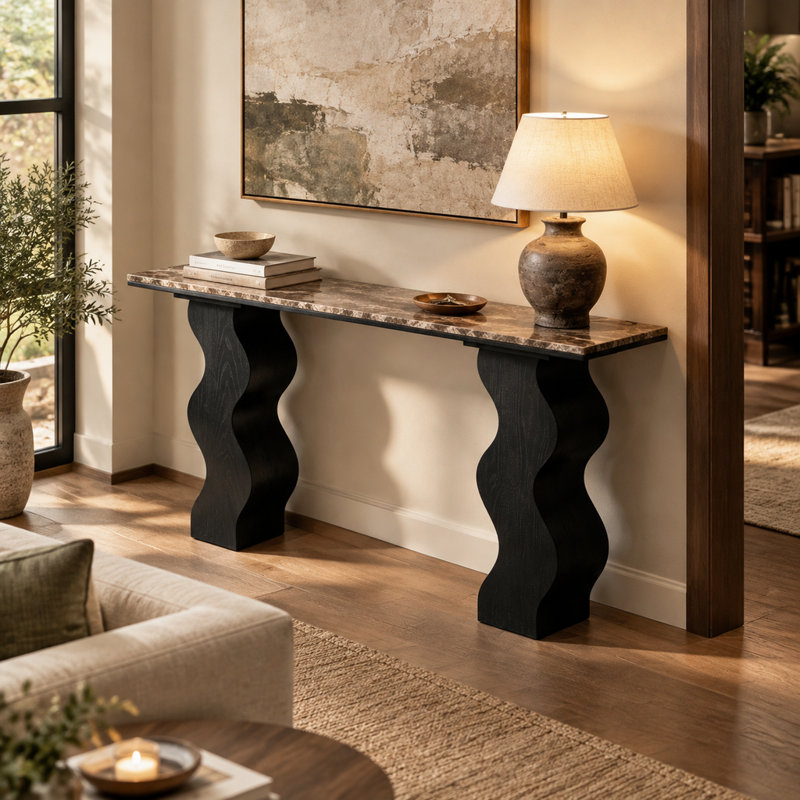 Console étroite de 119 cm (46,77 po) avec dessus en marbre et pieds en bois noir ondulé, idéale pour une entrée ou un couloir.